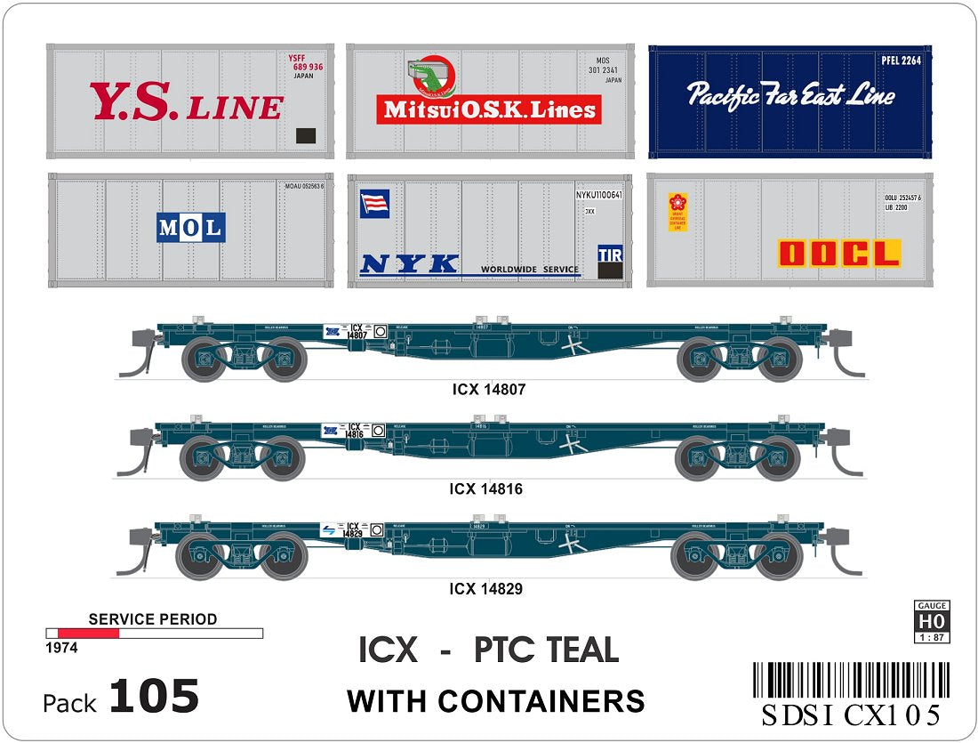 ICX, PTC Teal, container wagons (3), containers (6)