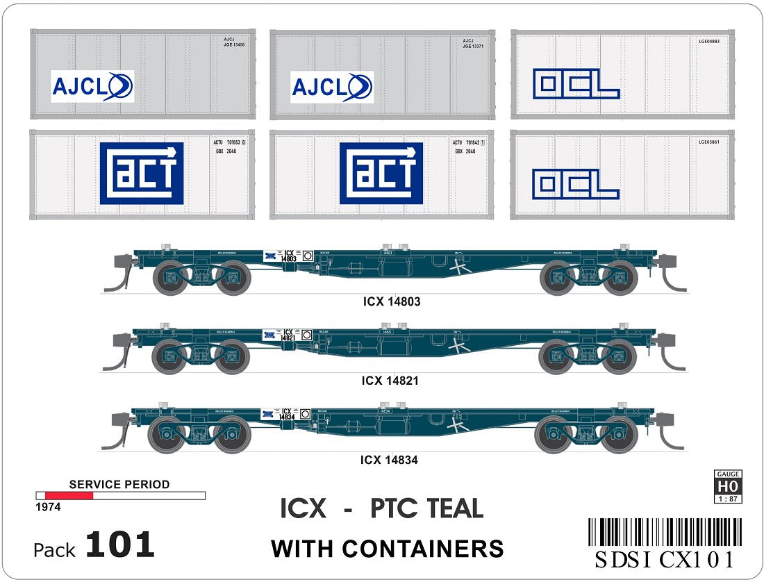 ICX, PTC Teal, container wagons (3), containers (6)