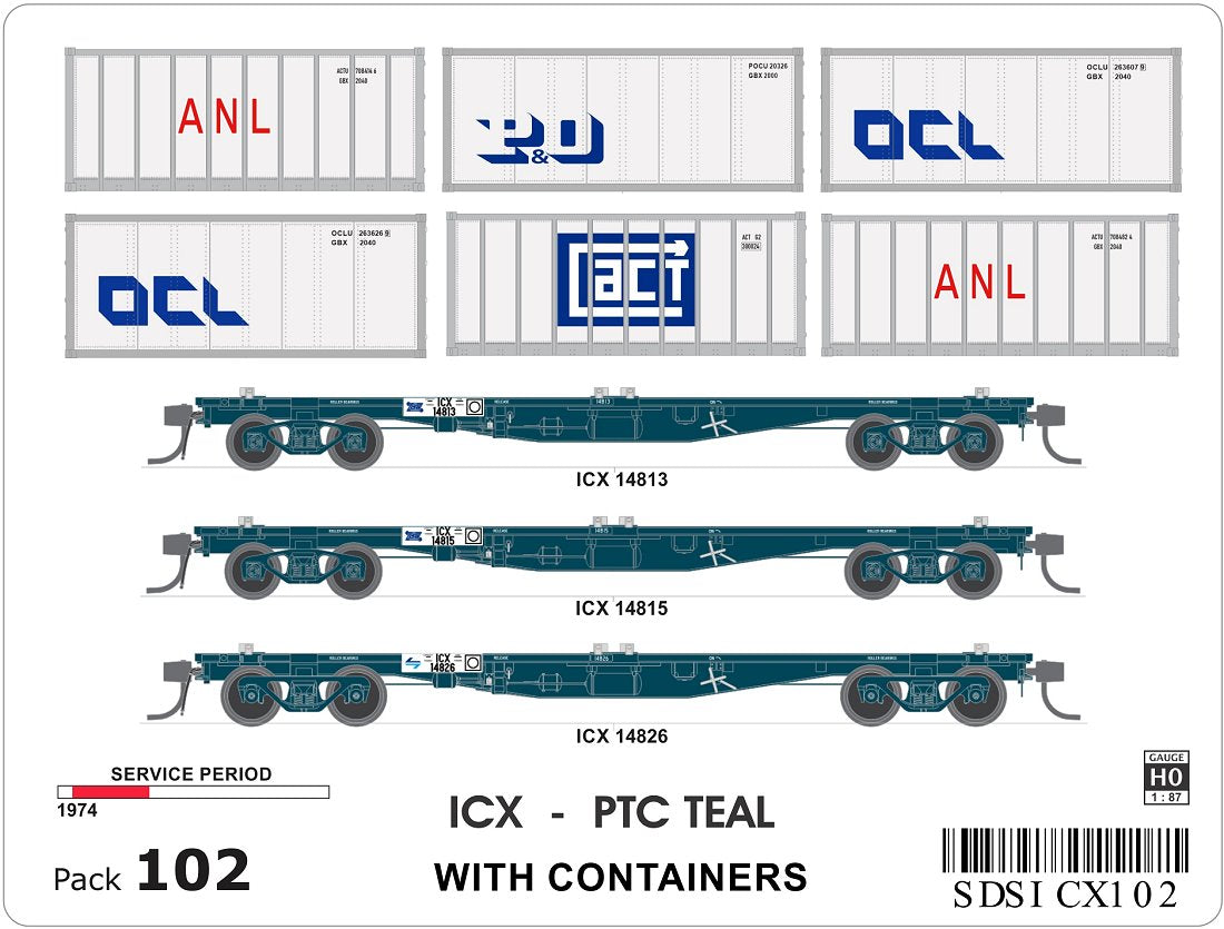 ICX, PTC Teal, container wagons (3), containers (6)