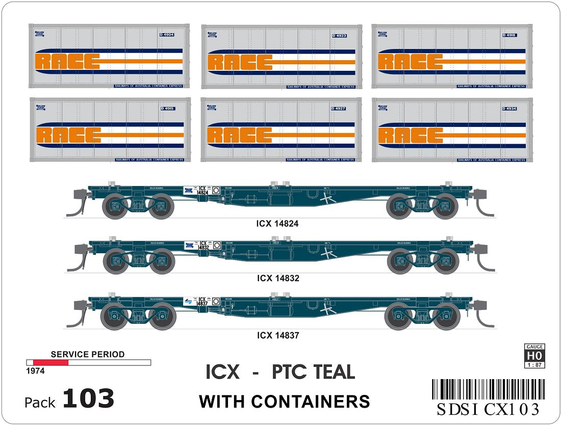 ICX, PTC Teal, container wagons (3), containers (6)