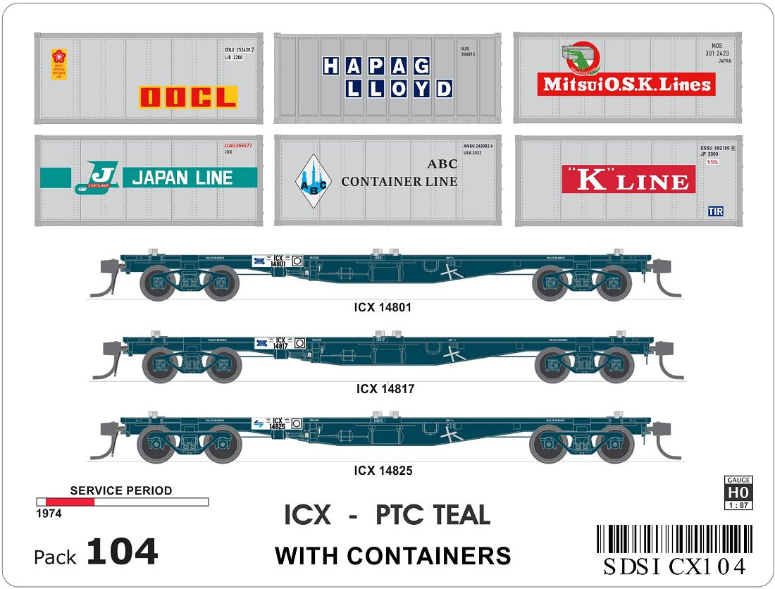 ICX, PTC Teal, container wagons (3), containers (6)