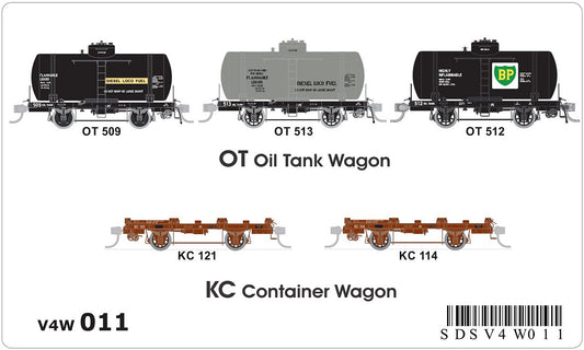 OT oil tank wagons (x3), KC container wagons (x2)